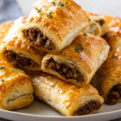 A plate of freshly baked beef sausage rolls with puff pastry, ready for snacking.
