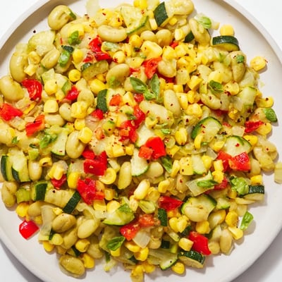 Tender lima beans and sweet golden corn kernels create a hearty Succotash with Lima Beans and Corn, garnished with fresh parsley.