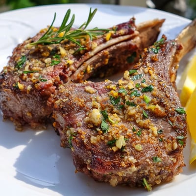 Juicy Roasted Lamb Chops with Garlic rest on a plate, garnished with fresh parsley and lemon slices.  