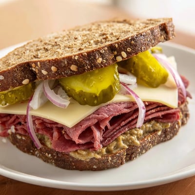 A classic deli-style corned beef sandwich on rye, stacked with tangy mustard and fresh lettuce for a satisfying bite.