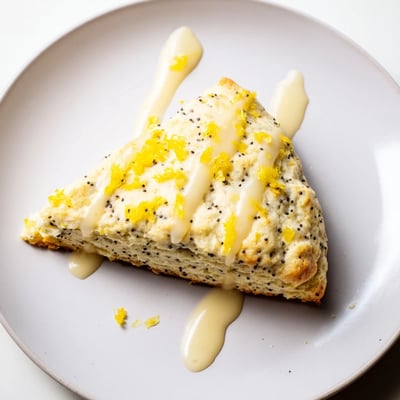 Golden-brown Lemon Poppy Seed Scones drizzled with white icing, perfect for an afternoon tea or breakfast spread.
