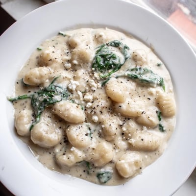 Golden pan-seared gnocchi with spinach and feta resting on a wooden serving board