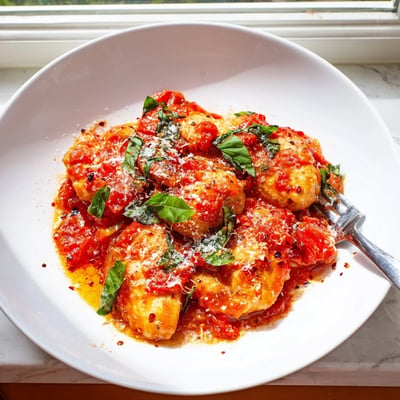 Tender Chicken Pomodoro Delight topped with Parmesan cheese and torn basil leaves