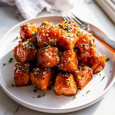 Golden hot honey salmon bites topped with sesame seeds and fresh green onions