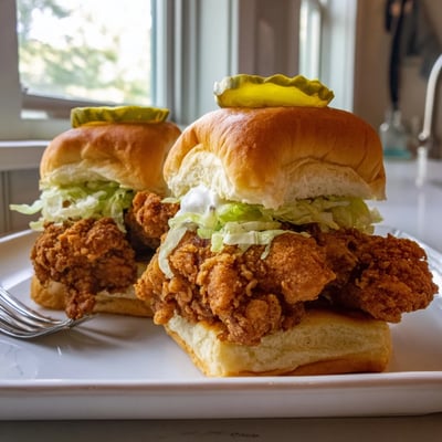 Crispy pickle brined fried chicken sliders served on toasted buns with lettuce and mayo